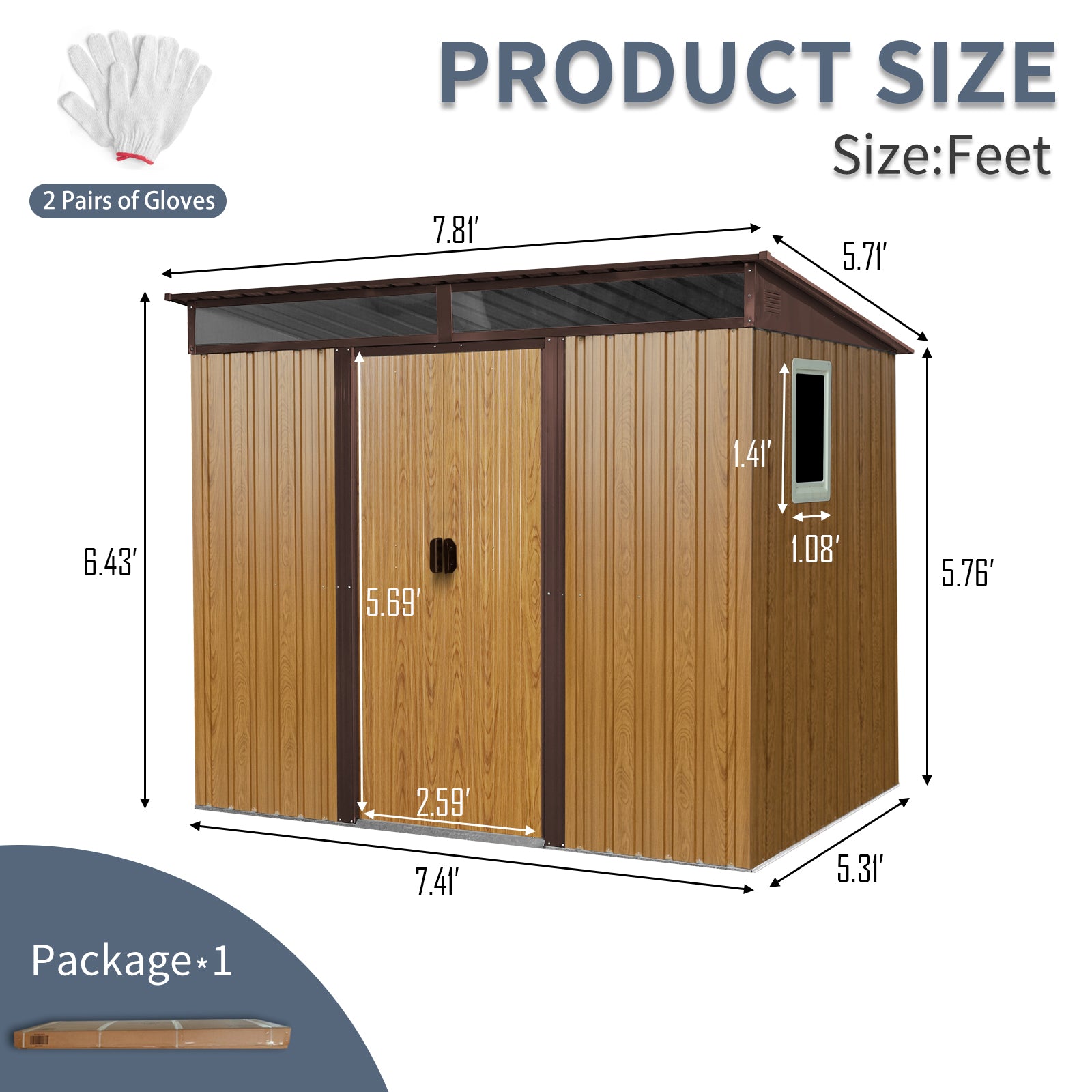 8 ft x 6 ft Outdoor Metal Storage Shed with Window and Transparent plate for Garden, Lawn (Coffee)