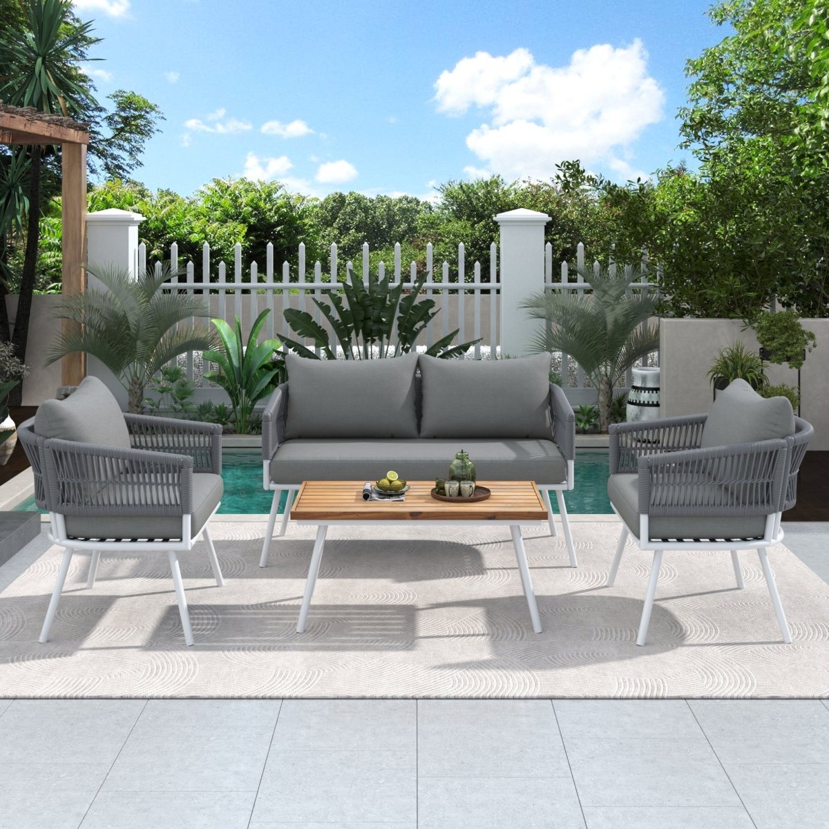 4 - Piece Boho Rope Patio Furniture Set, Outdoor Furniture with Acacia Wood Table, Patio Conversation Set with Deep Seating & Thick Cushion for Backyard Porch Balcony, Grey - HomeDIYer