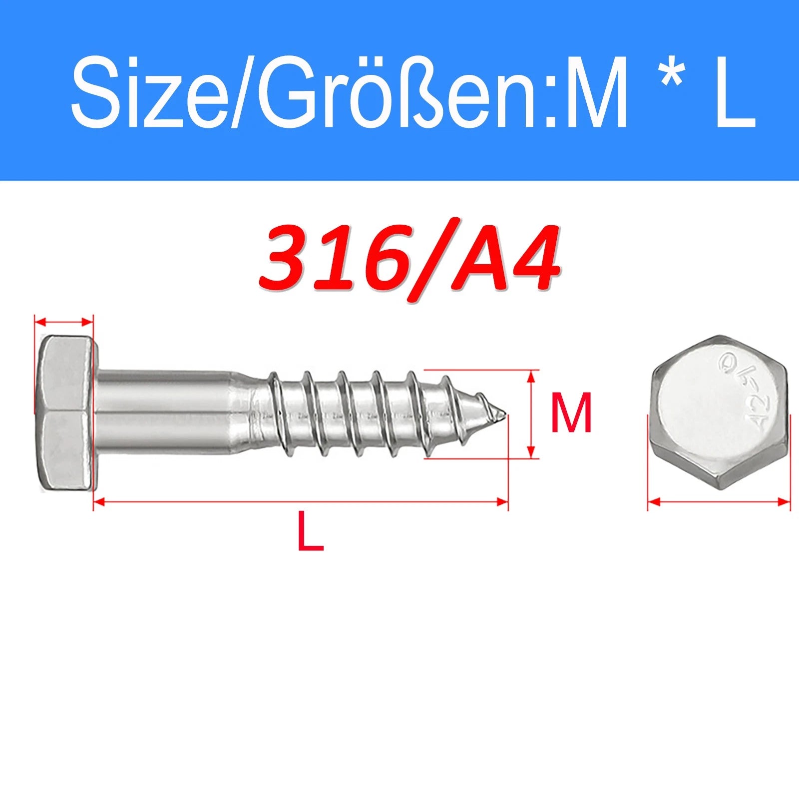 316 Stainless Steel Hex Head Lag Screws Marine Grade Wood Lag Bolts A4 Rustproof