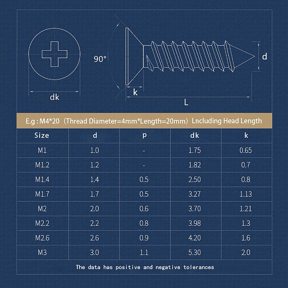 M1 M1.2 M1.4 M1.7 M2 M2.3 M2.6 M3 Flat Countersunk Self‑Tapping Screws – Black Zinc Carbon Steel