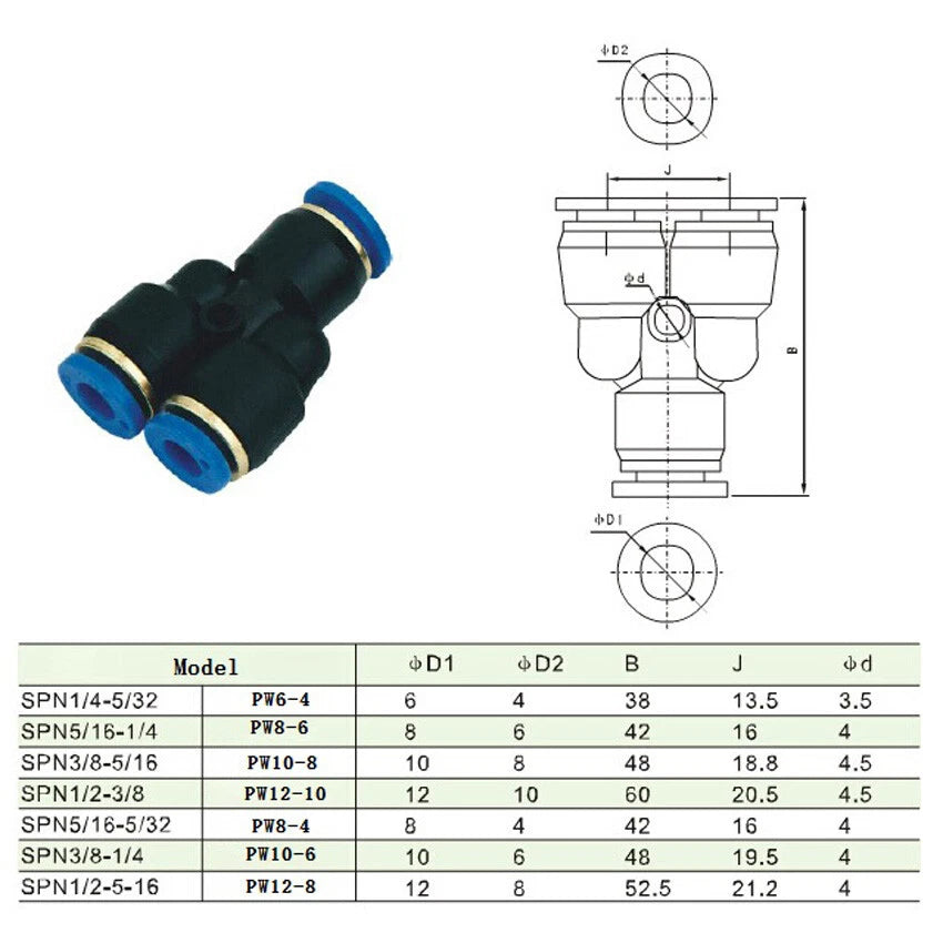 PW Pneumatic Push-In Fittings | Reducing Y-Piece Tee Adapters for Air Hose
