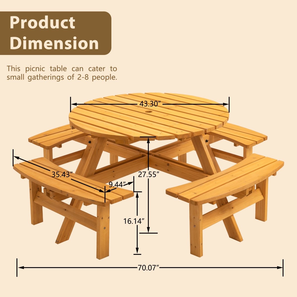 8 Person Wooden Picnic Table, Outdoor Camping Dining Table with Seat, Garden, DIY w/ 4 Built - in Benches, 2220lb Capacity - Natural - HomeDIYer