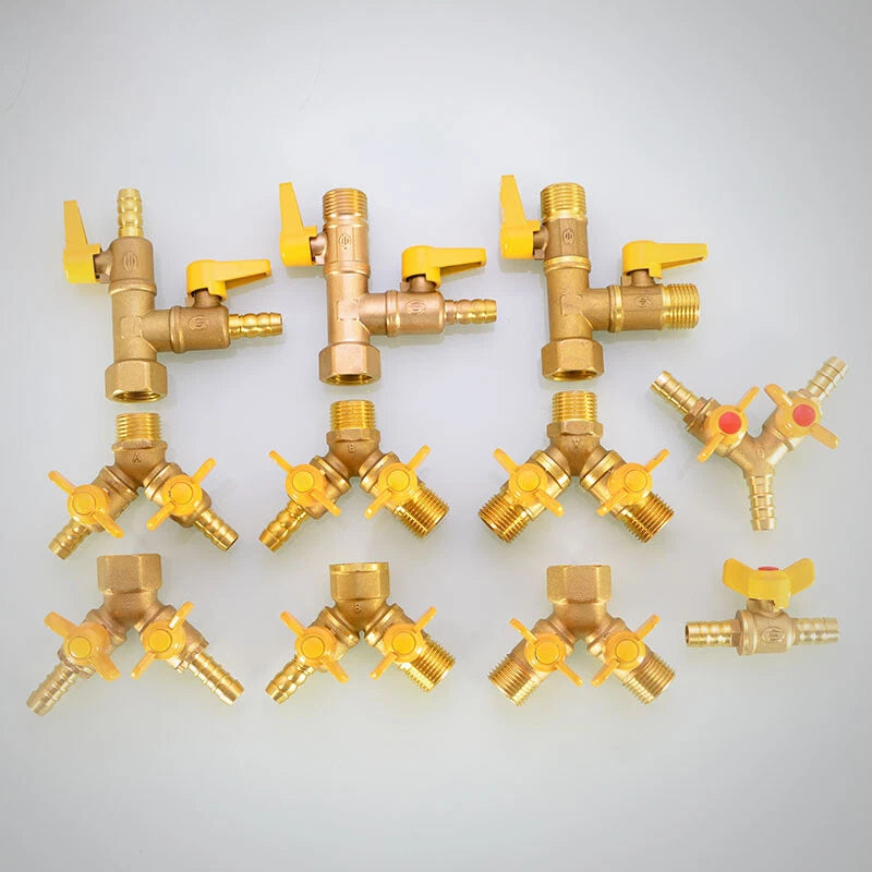 1/2" Brass 3-Way Ball Valve — Shut-Off Pipe Fitting with M1/2" & Hose Barb Ends