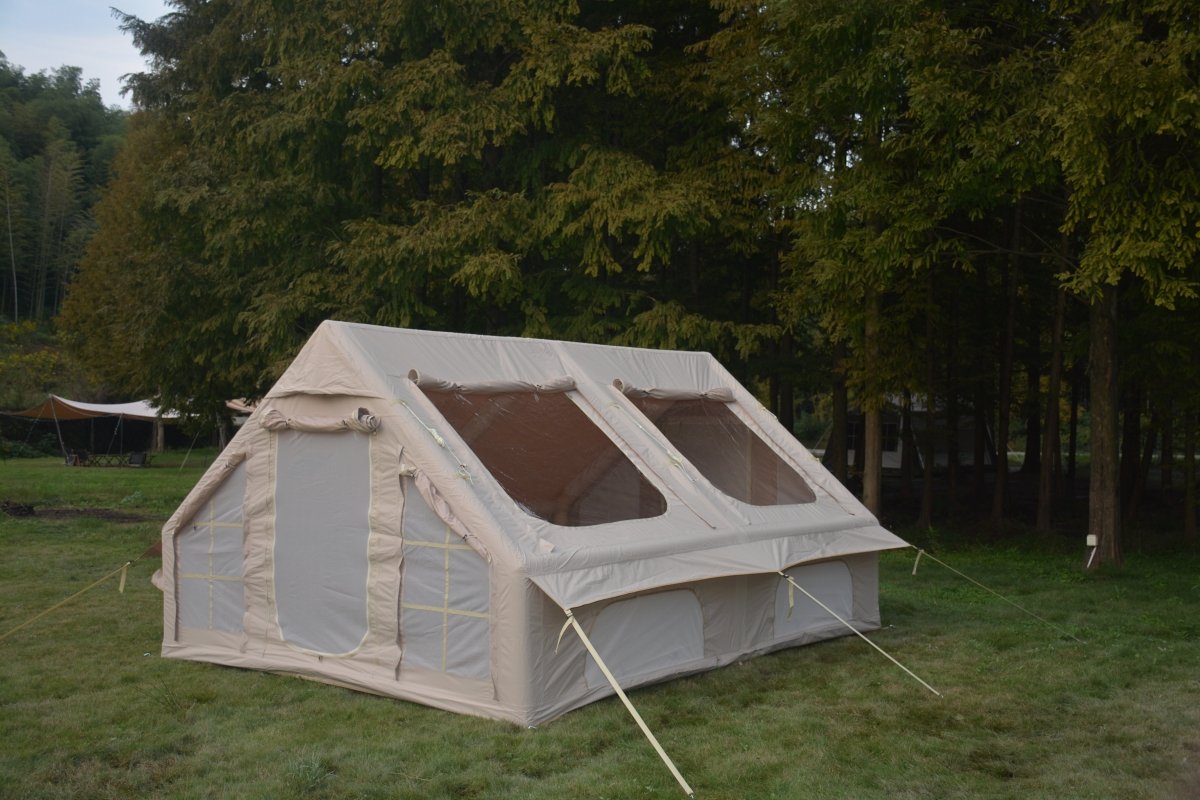 9.8 x13ft Inflatable Camping Tents with Hand Pump, Air Glamping Tents, Easy Setup Waterproof and Windproof Blow up Tent, 4 Seasons Oxford Cabin Tent with Mesh & Chimney Window. Beige - HomeDIYer