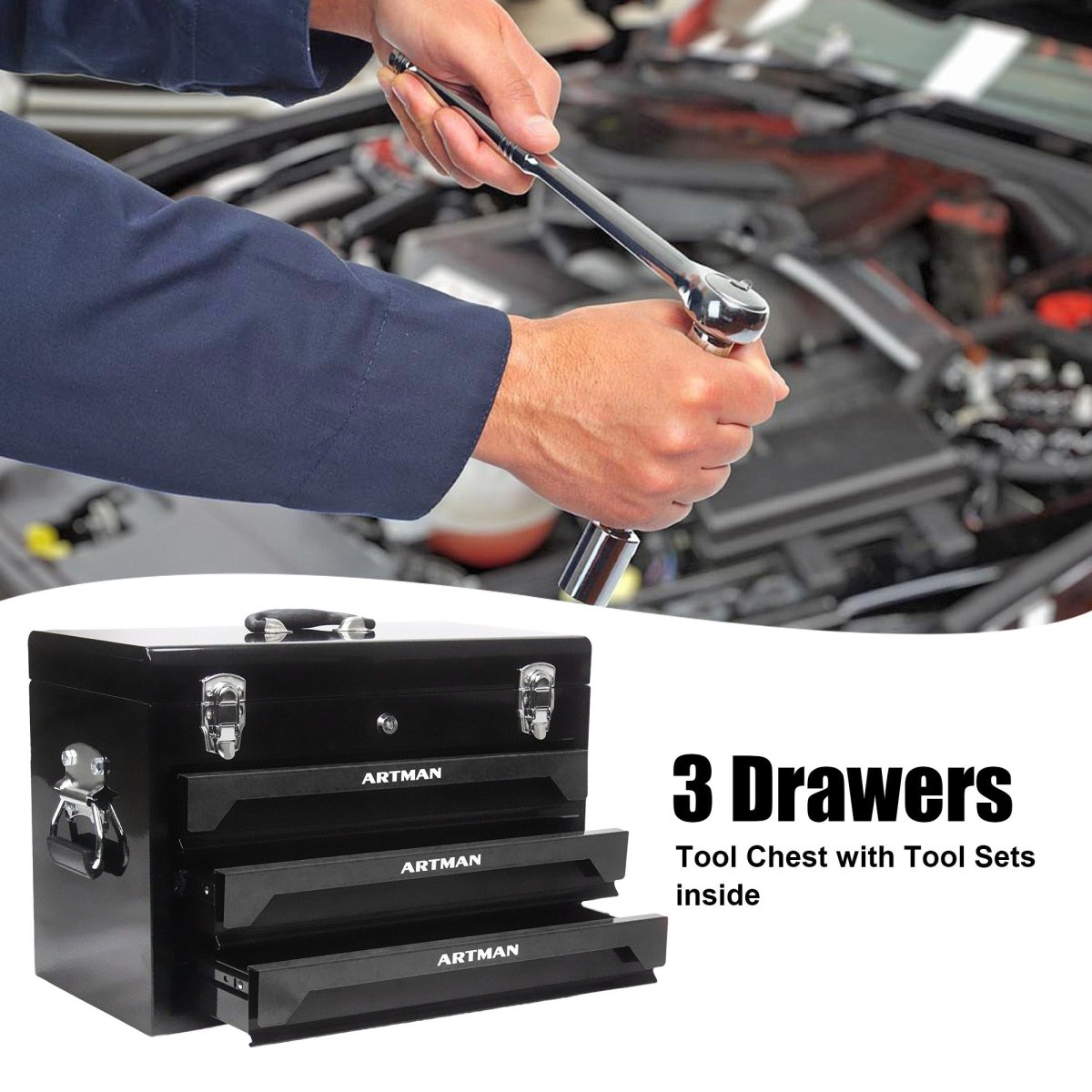 20'' Portable 3 - Drawer Steel Toolbox, 4 Layers of Tools with Metal Latches, with Top Storage Tray and carrying Handle, Multi - Function Tool Storage for Garage, Home, or Workbench,Black - HomeDIYer