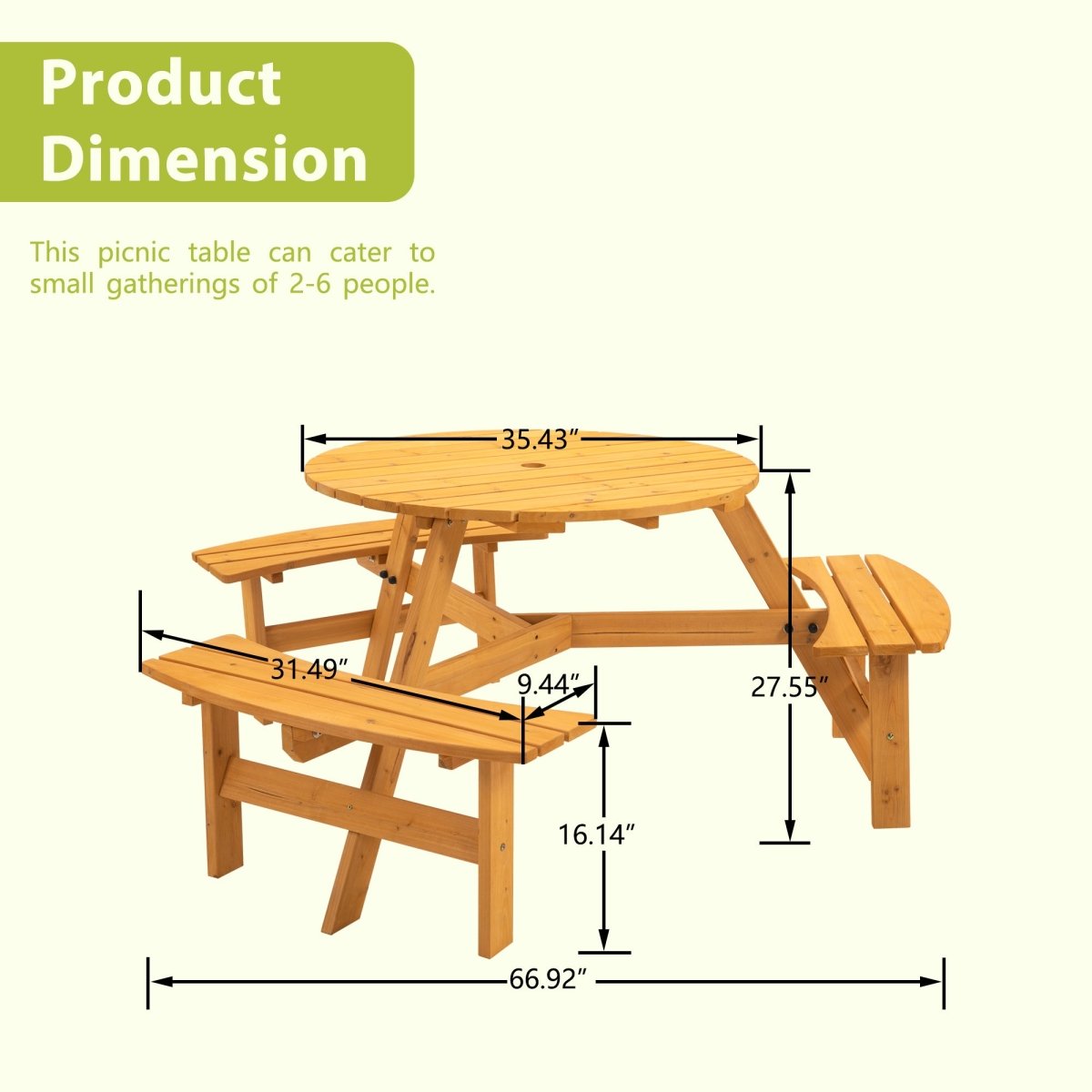 6 - Person Circular Outdoor Wooden Picnic Table for Patio, Backyard, Garden, DIY w/ 3 Built - in Benches, 1720lb Capacity - Natural - HomeDIYer