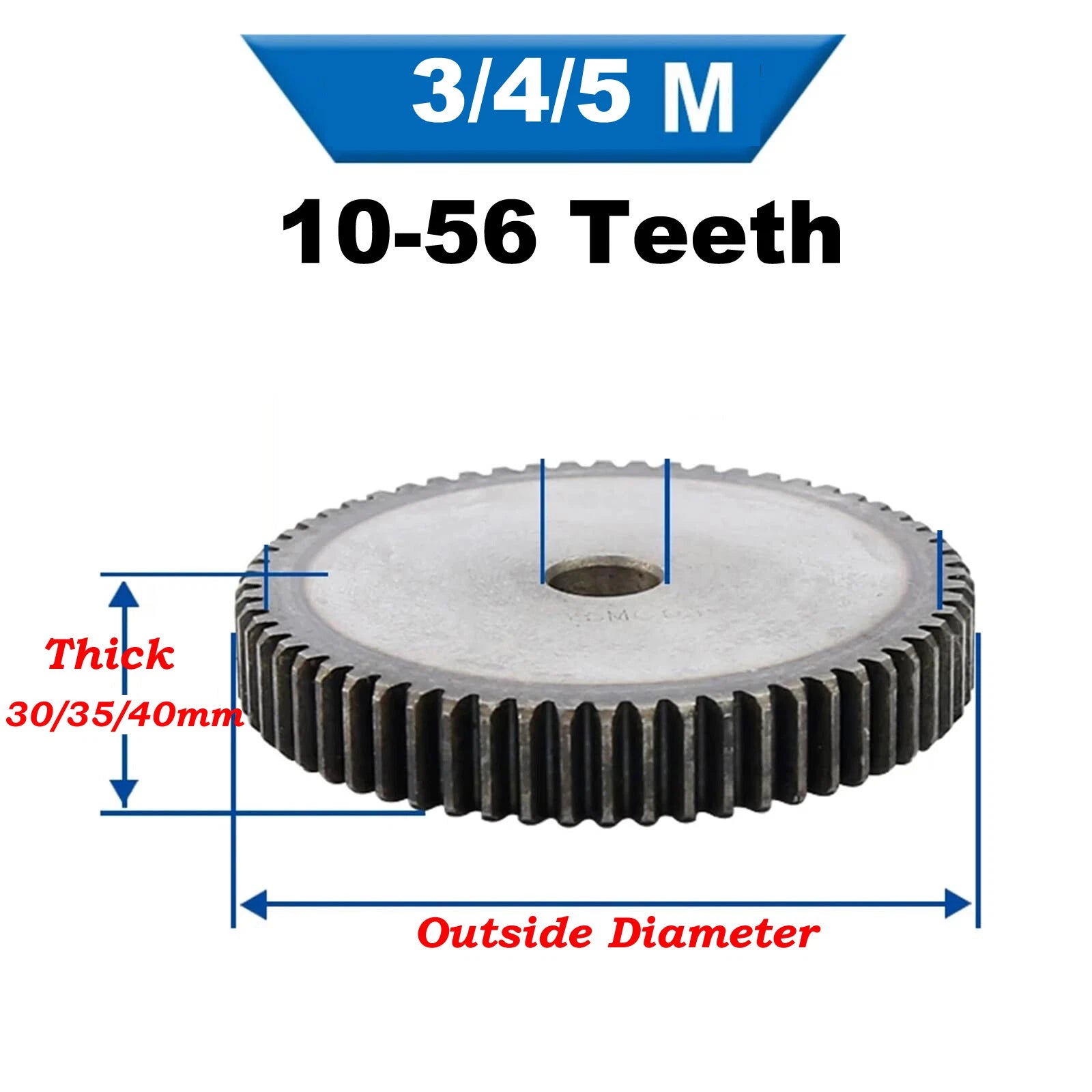 3/4/5 Mod 10T-56T Spur Gear 45# Steel Pinion Gear Thickness 3M-30mm 4M-35mm/40mm
