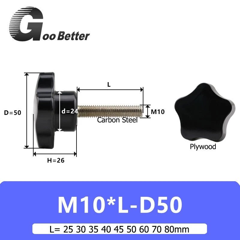 M10 Plastic Five‑Star Thumb Screws – Hand Clamping Knob Bolts, 25‑80mm Lengths (Black) - HomeDIYer