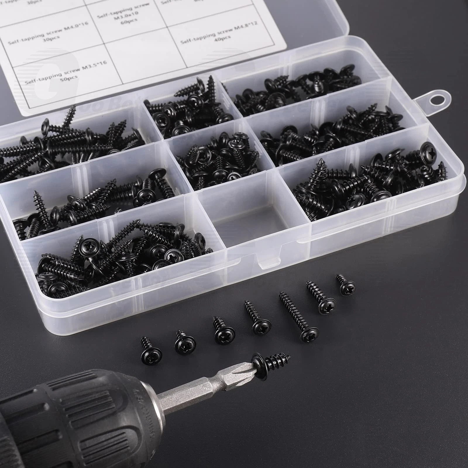 340pcs Phillips Pan Head Self Tapping Screws Kit – M3 M3.5 M4 M4.8, Black Carbon Steel