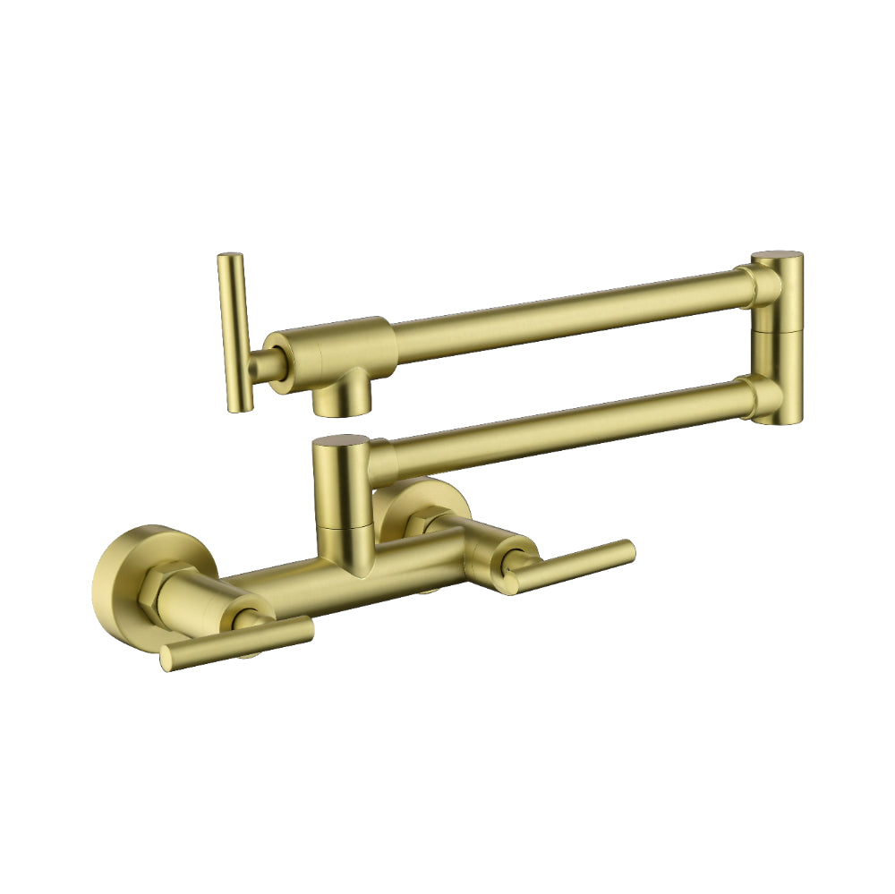 3-Handle Wall Mounted Pot Filler Faucet – Brushed Gold, Swing Arm, Hot & Cold Water, Solid Brass