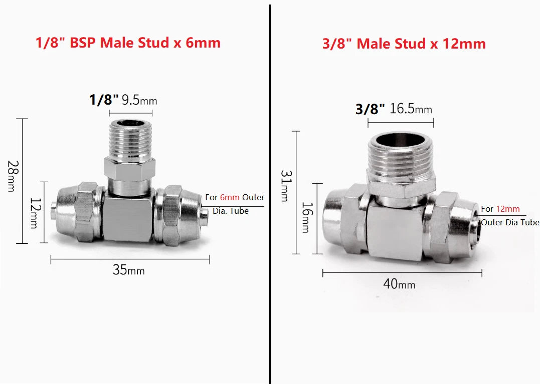 Pneumatic BSP Male Stud T-Shape 3-Way Push-In Hose Fitting | Air Pipe Connector