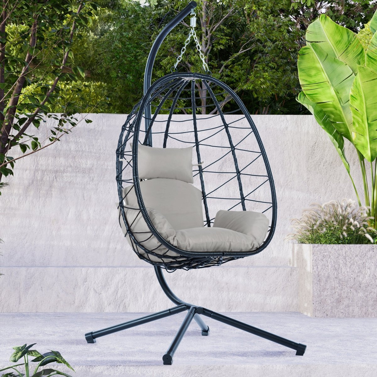 Egg Chair with Stand Indoor Outdoor Swing Chair Patio Wicker Hanging Egg Chair Hanging Basket Chair Hammock Chair with Stand for Bedroom Living Room Balcony Light Gray - HomeDIYer