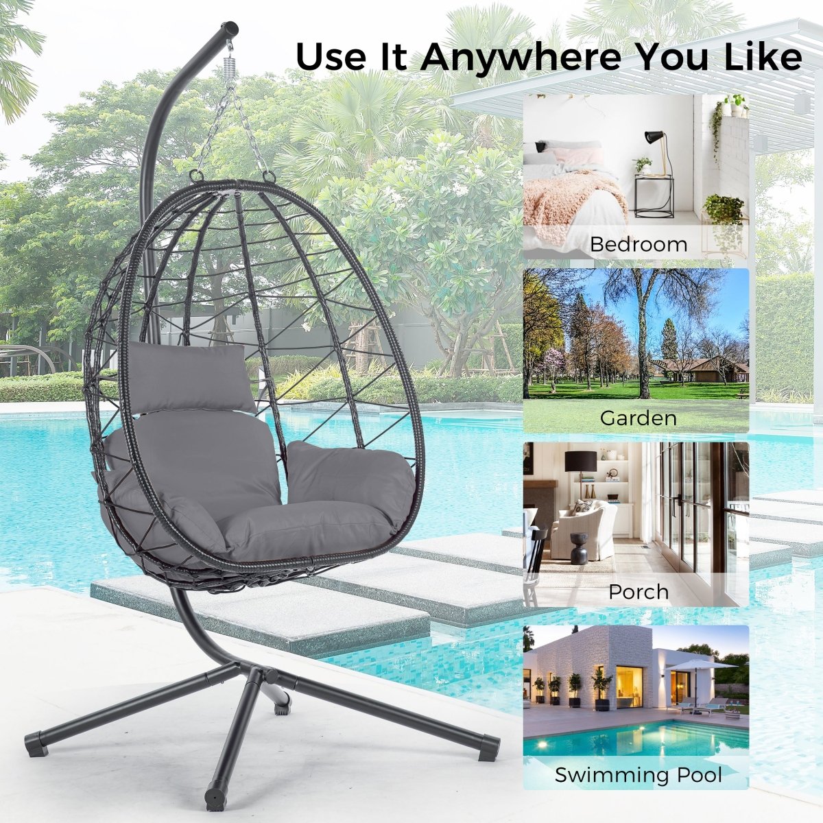 Egg Chair with Stand Indoor Outdoor Swing Chair Patio Wicker Hanging Egg Chair Hanging Basket Chair Hammock Chair with Stand for Bedroom Living Room Balcony Dark Gray - HomeDIYer