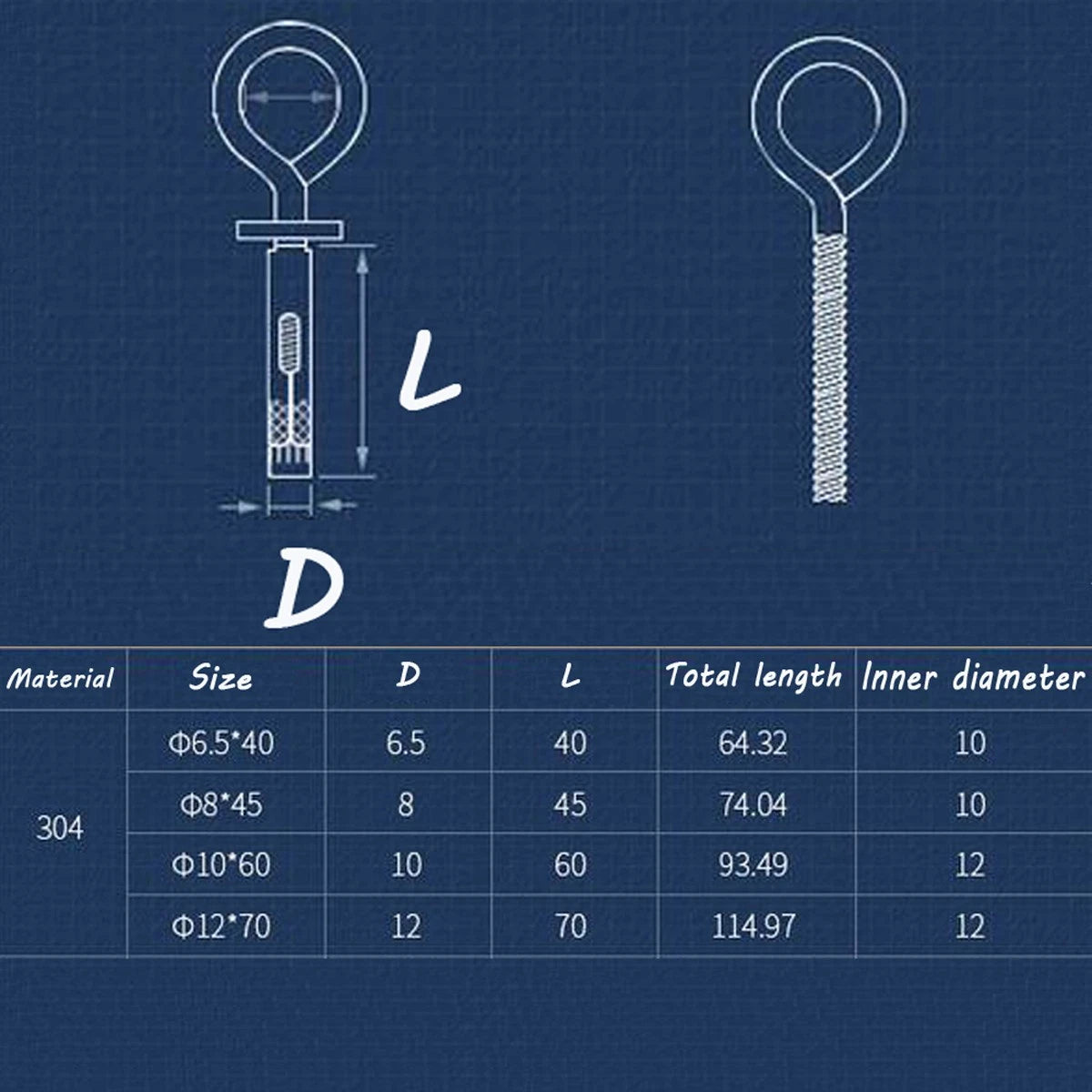 304 Stainless Steel A2 Eye Bolt Sleeve Anchors for Concrete — M6.5 M8 M10 M12