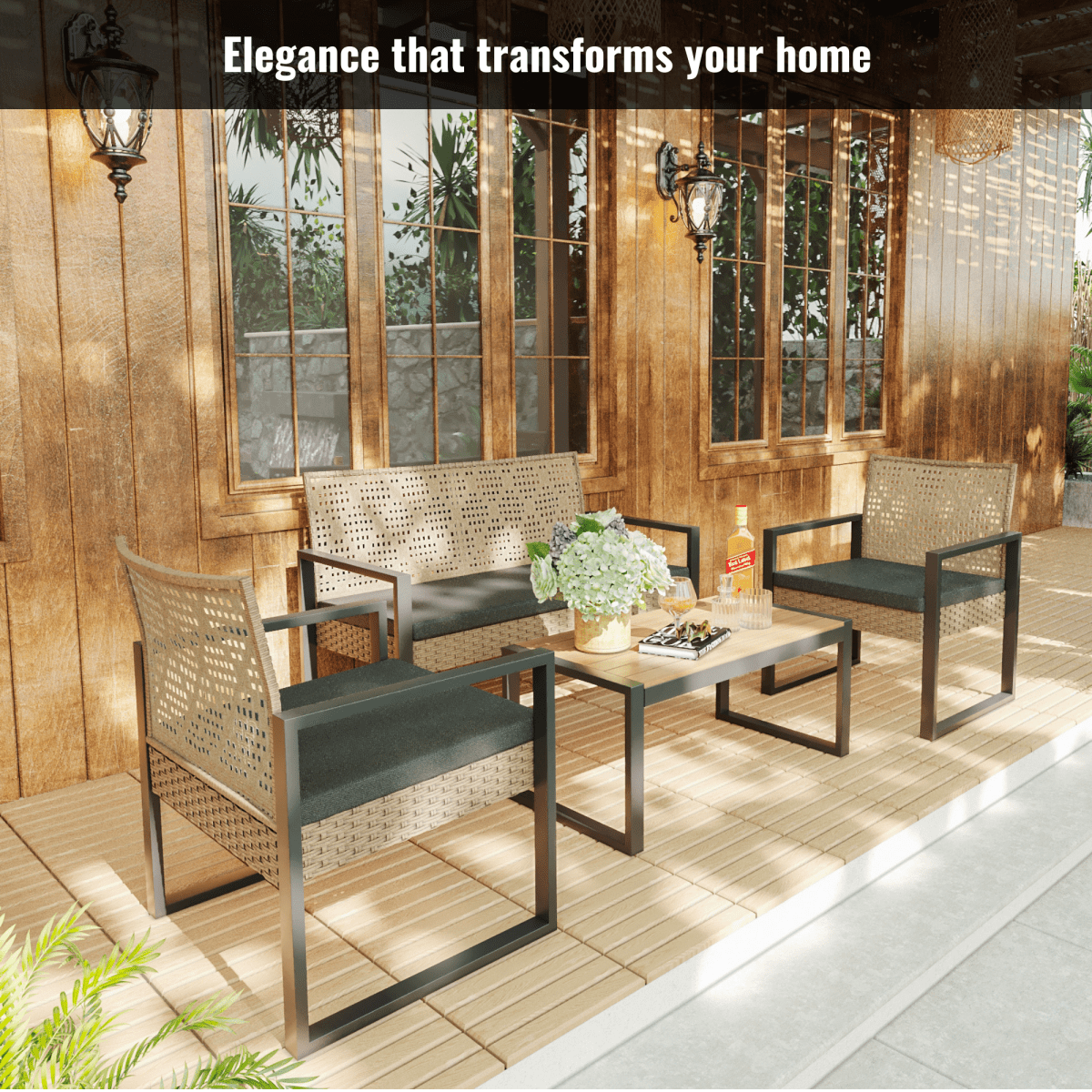 Patio Furniture Set 3 Piece Mixture Pattern PE Rattan Steel Frame And Modern Round Table, Brown and Black - HomeDIYer