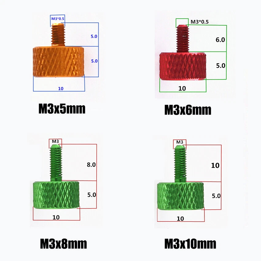 M3 Coloured Aluminum Knurled Thumb Screws – Flat Head Hand Grip Bolts