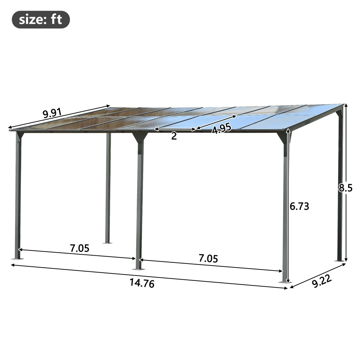 Wall - Mounted Gazebo 14.76*9.22 FT Patio Cover Lean - to Awning with Powder - Coated Iron Frame and with PC Roof Panels Outdoor Sloped Design Shelter for Deck, Garden, Backyard, Gray - HomeDIYer