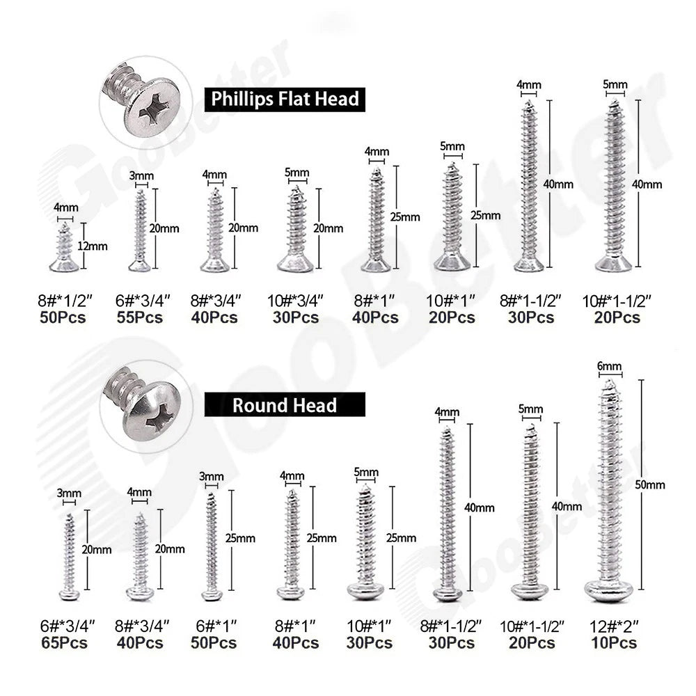 570pc #6 #8 #10 #12 Flat & Pan Head Self‑Tapping Screws – 304 Stainless Steel Kit