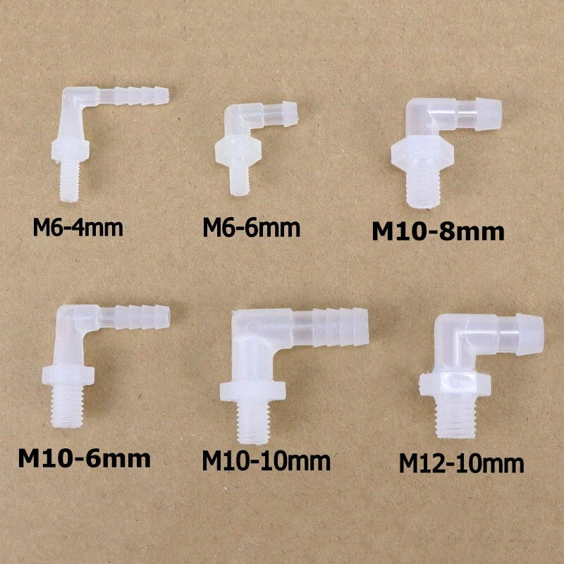 90° Elbow Hose Barb Fitting with External Thread — Plastic Tube Connector M5 to M12