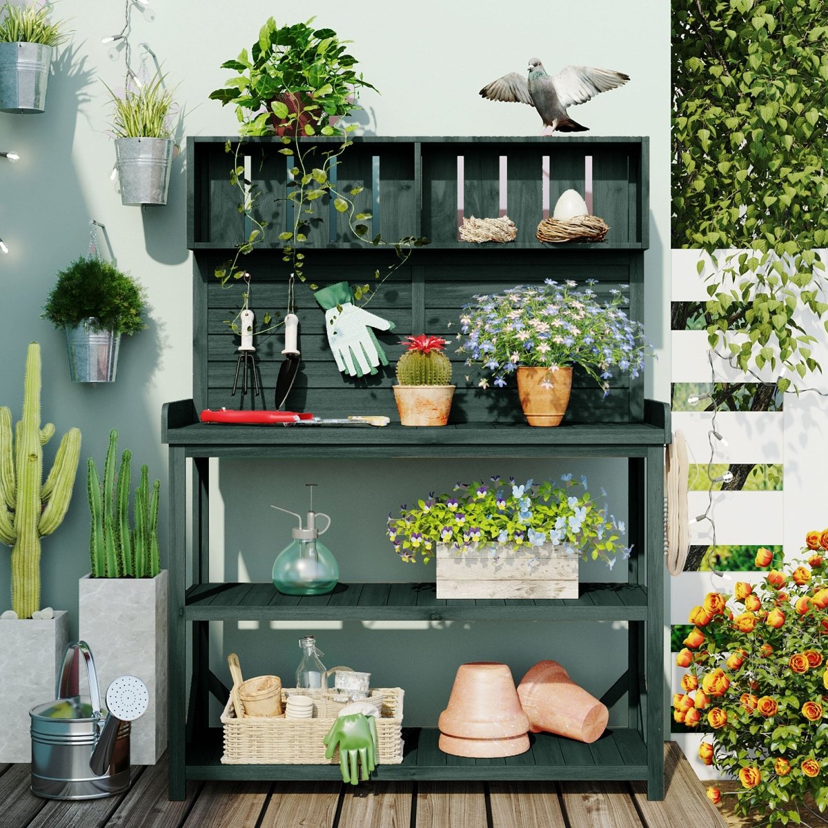 65" Large Wooden Farmhouse Rustic Outdoor Potting Bench Table, Patio Workstation, Garden Potting Bench with 4 Storage Shelves and Side Hook, Forest Green - HomeDIYer