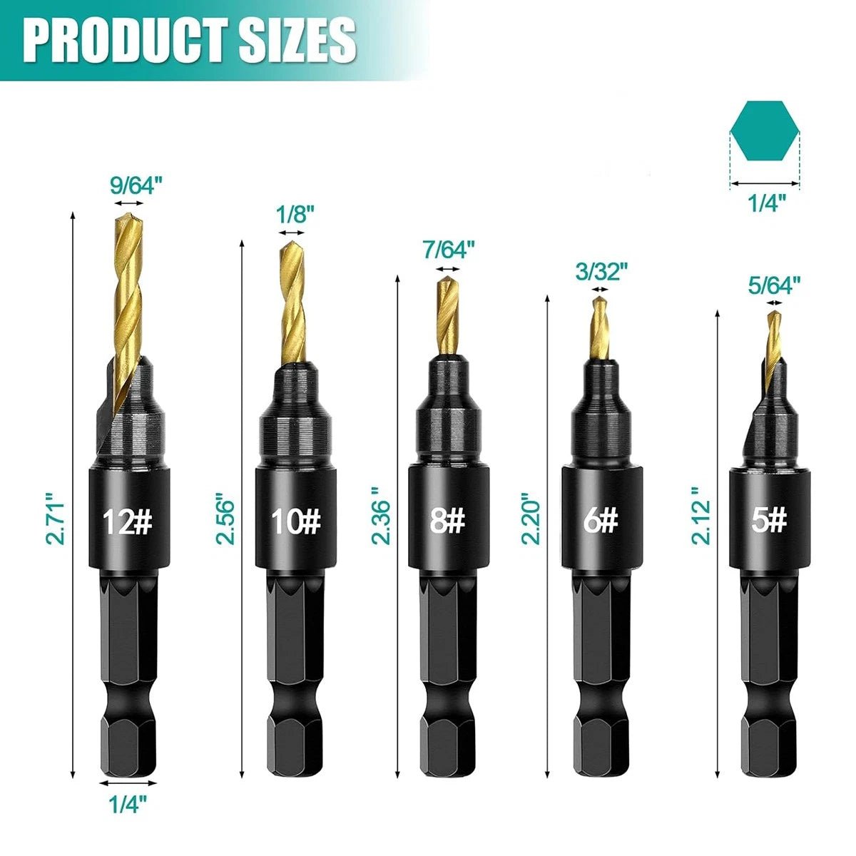 5Pcs HSS Countersink Drill Bit Set – 1/4" Hex Shank, Self - Centering Pilot Holes for Wood & Plastic (5 6 8 10 12 14) - HomeDIYer