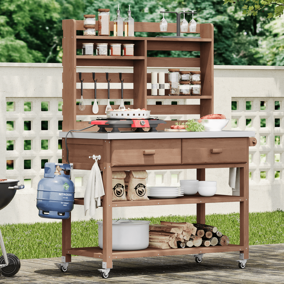64.9"H Outdoor Potting Bench Table with Lockable Wheels, Solid Wood Outdoor Kitchen Island with Upper Hutch, Stainless Steel Top, Towel Rack ,Outdoor Storage for Grilling, Lawn Garden - Brown - HomeDIYer