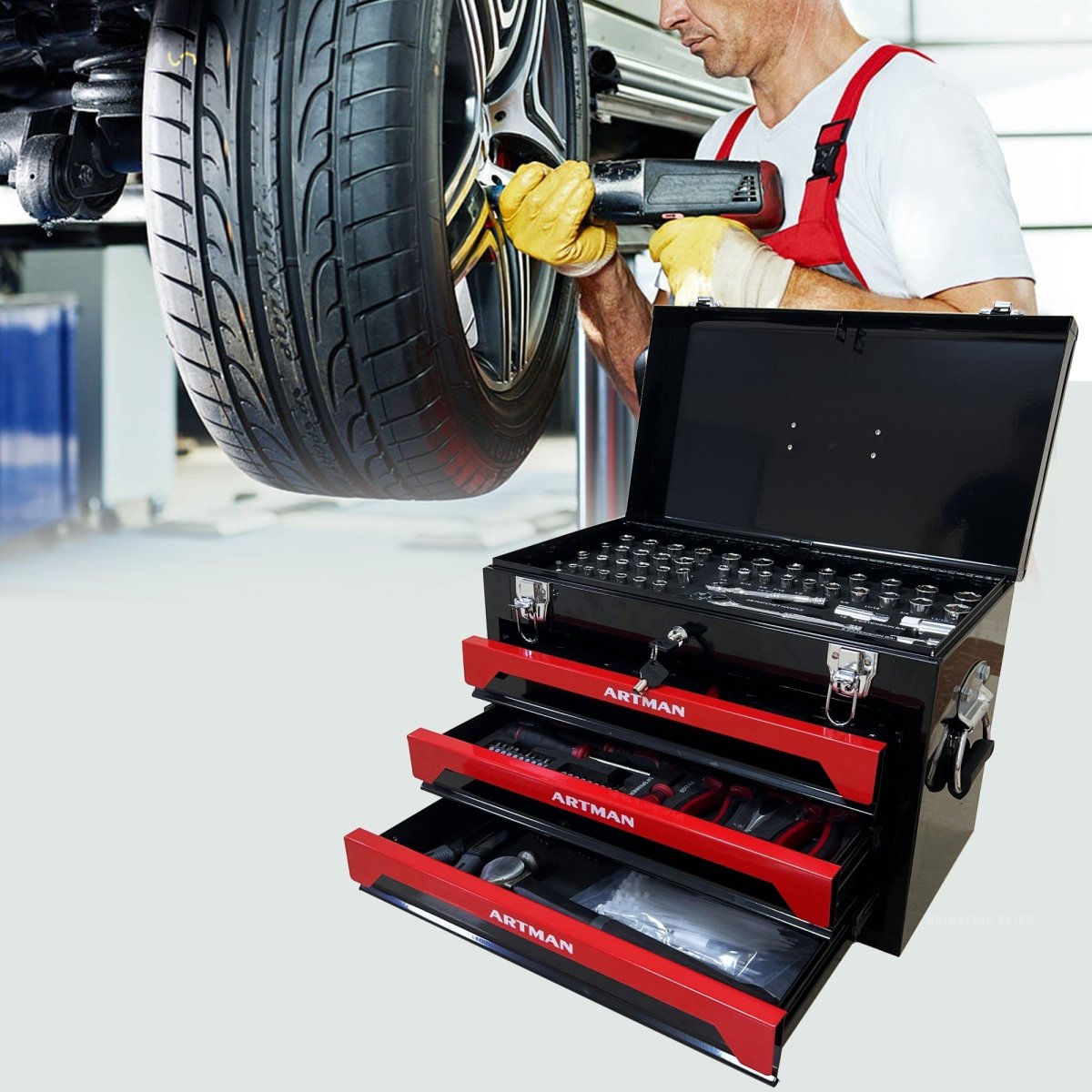 20'' Portable 3 - Drawer Steel Toolbox, 4 Layers of Tools with Metal Latches, with Top Storage Tray and carrying Handle, Multi - Function Tool Storage for Garage, Home, or Workbench ,Black&Red - HomeDIYer