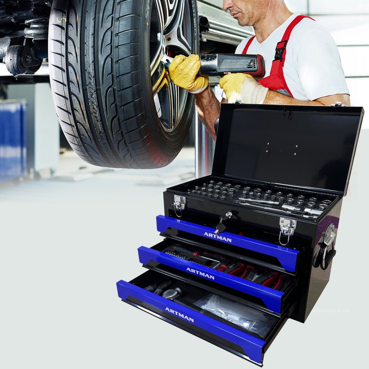 20'' Portable 3 - Drawer Steel Toolbox, 4 Layers of Tools with Metal Latches, with Top Storage Tray and carrying Handle, Multi - Function Tool Storage for Garage, Home, or Workbench ,Black&Blue - HomeDIYer