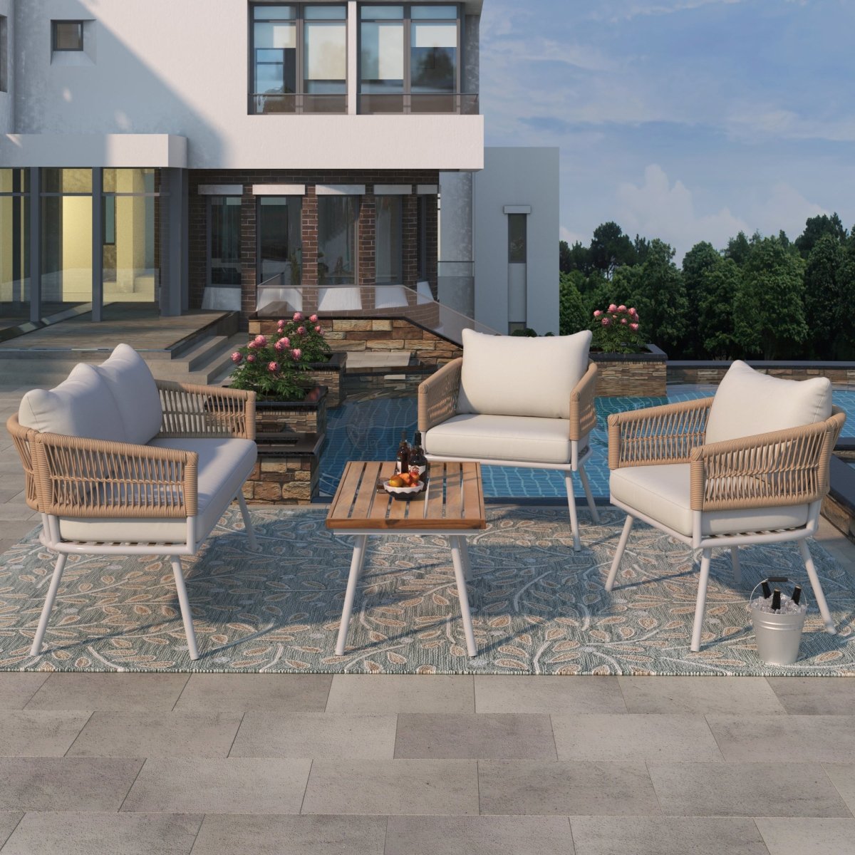 4 - Piece Boho Rope Patio Furniture Set, Outdoor Furniture with Acacia Wood Table, Patio Conversation Set with Deep Seating & Thick Cushion for Backyard Porch Balcony, Beige - HomeDIYer