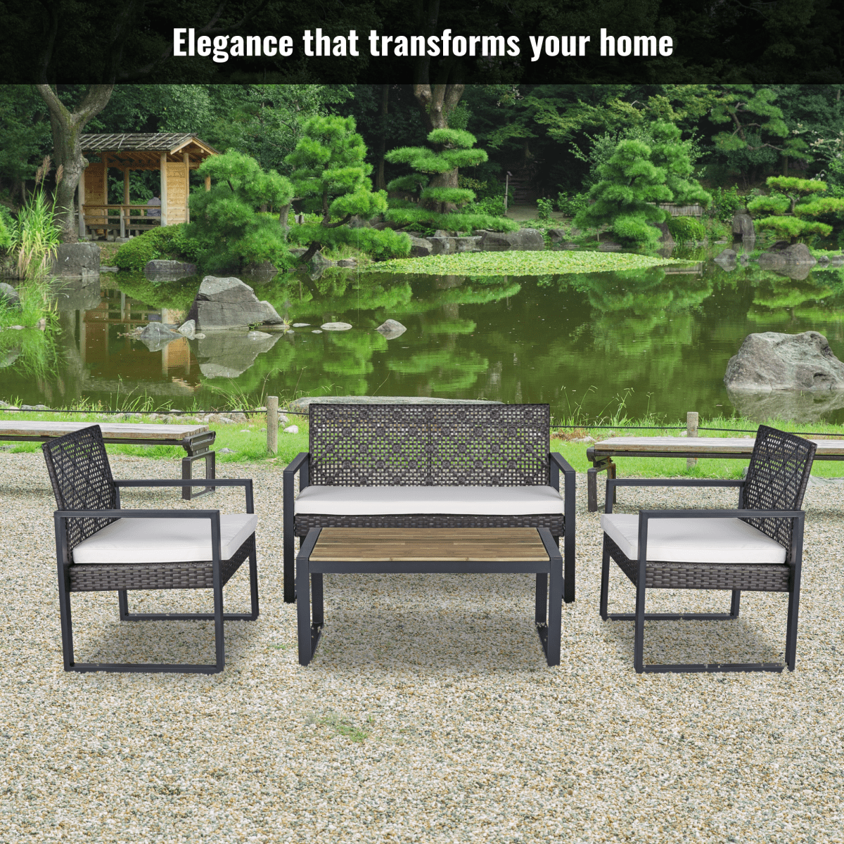 4 - Piece Patio Furniture Set Outdoor Balcony Porch Garden Backyard Lawn Furniture Acacia Wood Table Top, Morden Brown and Beige Cushion - HomeDIYer