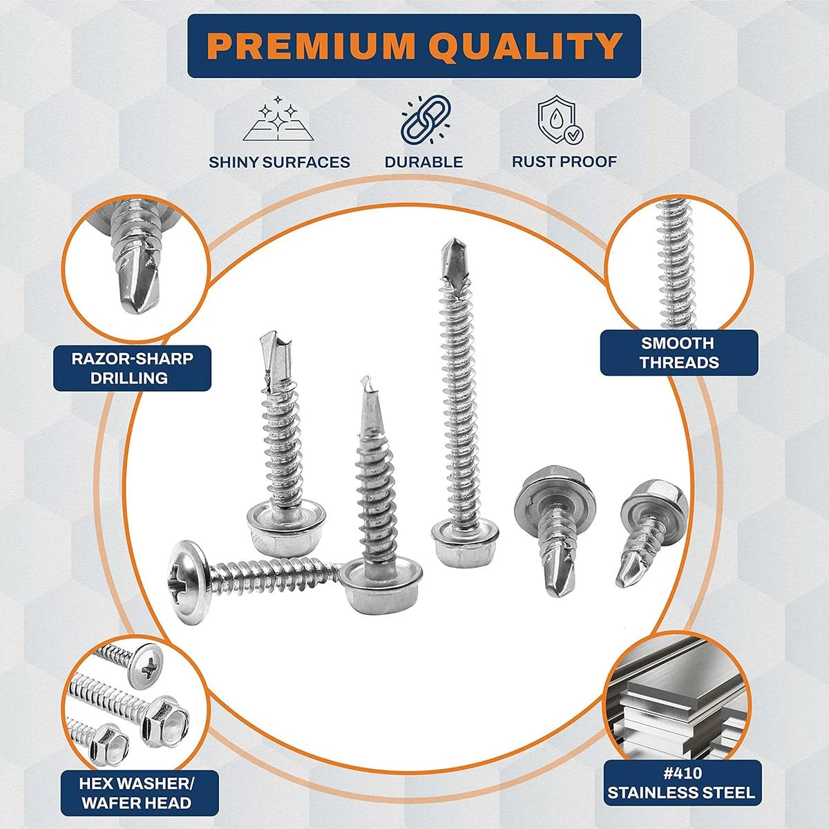 420‑Piece #8 #10 Self‑Drilling Tek Screws – 410 Stainless Steel, Hex‑Washer &amp; Wafer Head