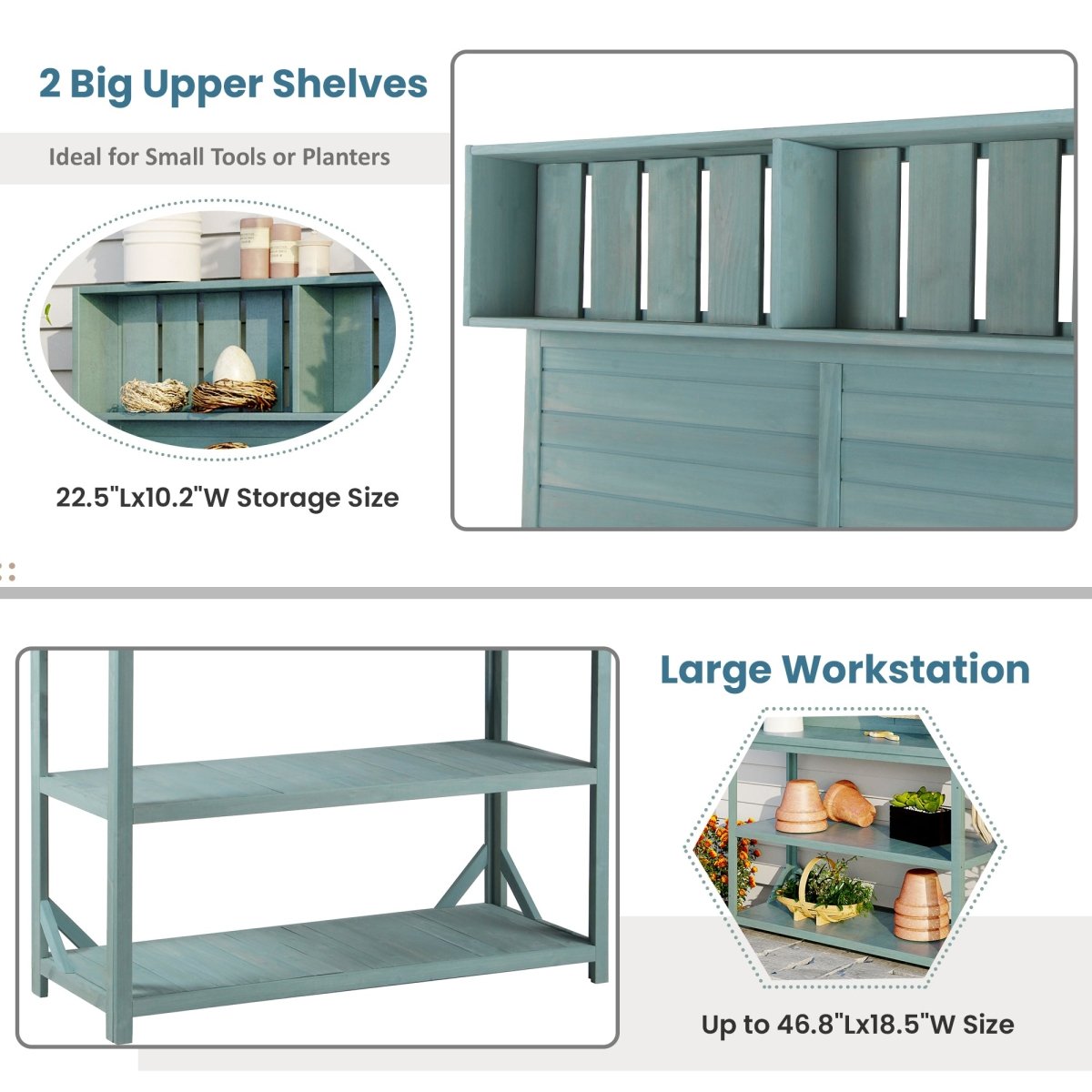 65" Large Wooden Farmhouse Rustic Outdoor Potting Bench Table, Patio Workstation, Garden Potting Bench with 4 Storage Shelves and Side Hook,Green - HomeDIYer
