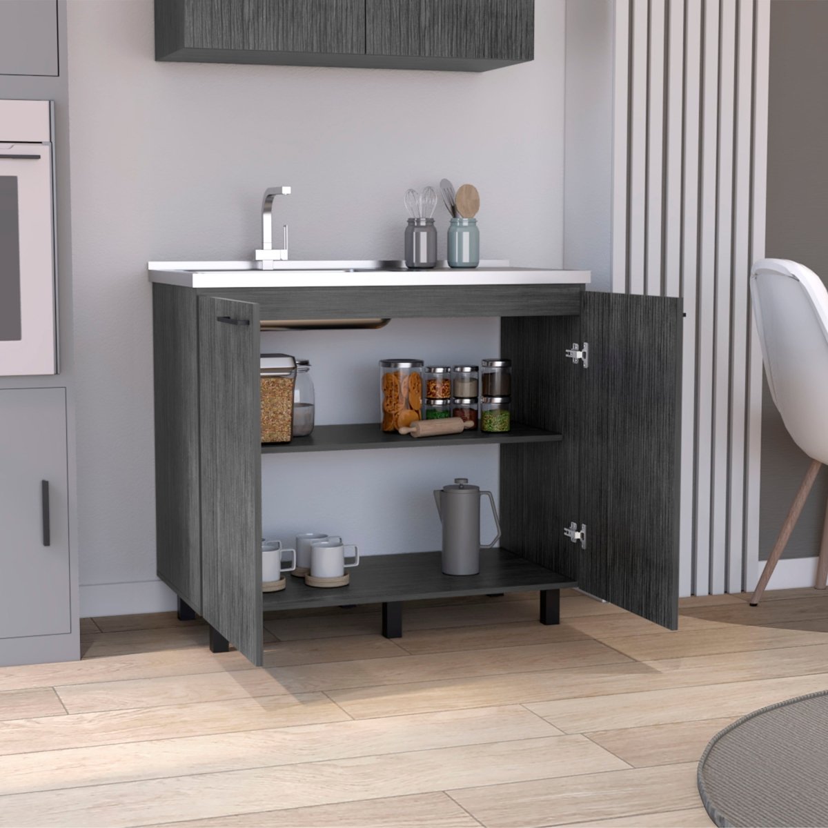 2 Freestanding Utility Base Cabinet with Stainless Steel Countertop and 2 - Door, Smokey Oak - HomeDIYer