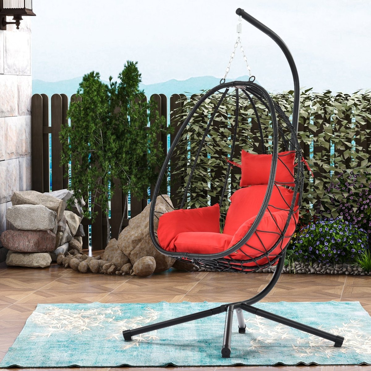 Red Egg Chair with Stand - All - Weather Hanging Wicker Swing Chair - HomeDIYer