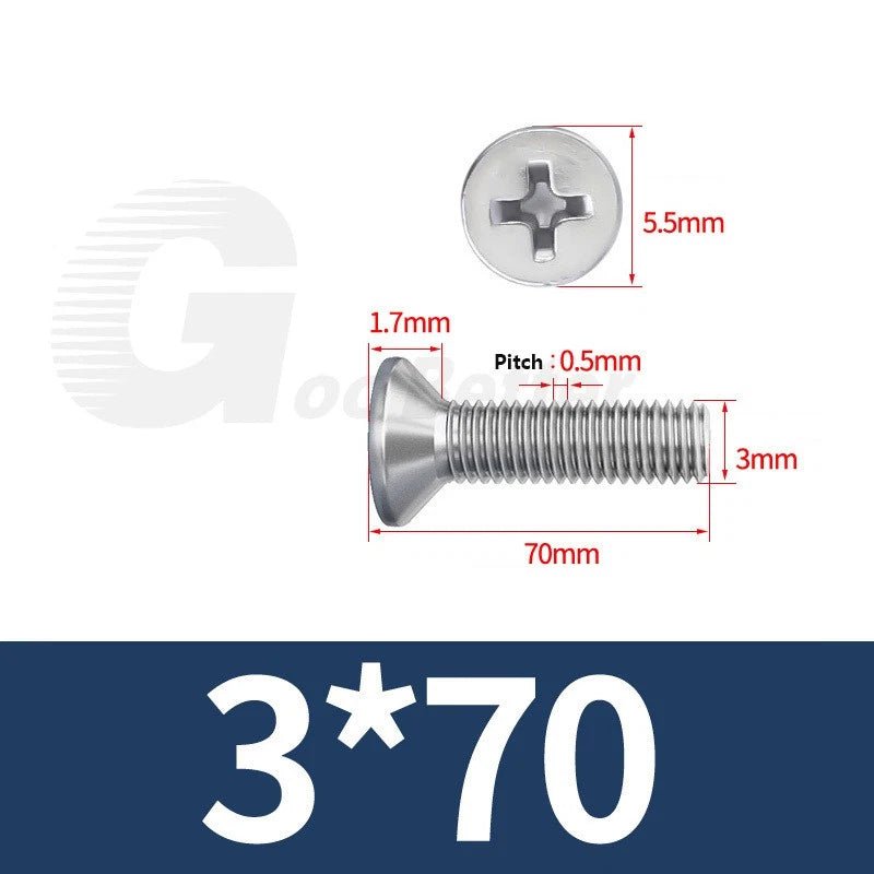 M1–M3.5 Phillips Countersunk Machine Screws – 304 Stainless Steel, Fully Threaded (3–120mm Overall Length) - HomeDIYer