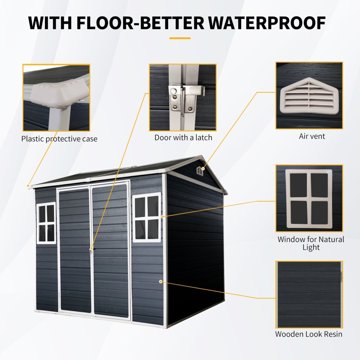 8 x 6ft Resin Outdoor Storage Shed Waterproof Shed with Floor & Two Windows & Lockable Door, Tool Shed for Garden, Patio, Backyard ,Black - HomeDIYer