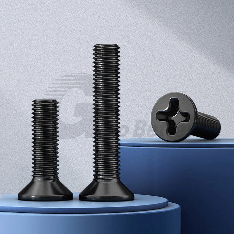 M2–M6 Black Zinc Countersunk Phillips Machine Screws – Steel, Fully Threaded (Overall Length Includes Head)