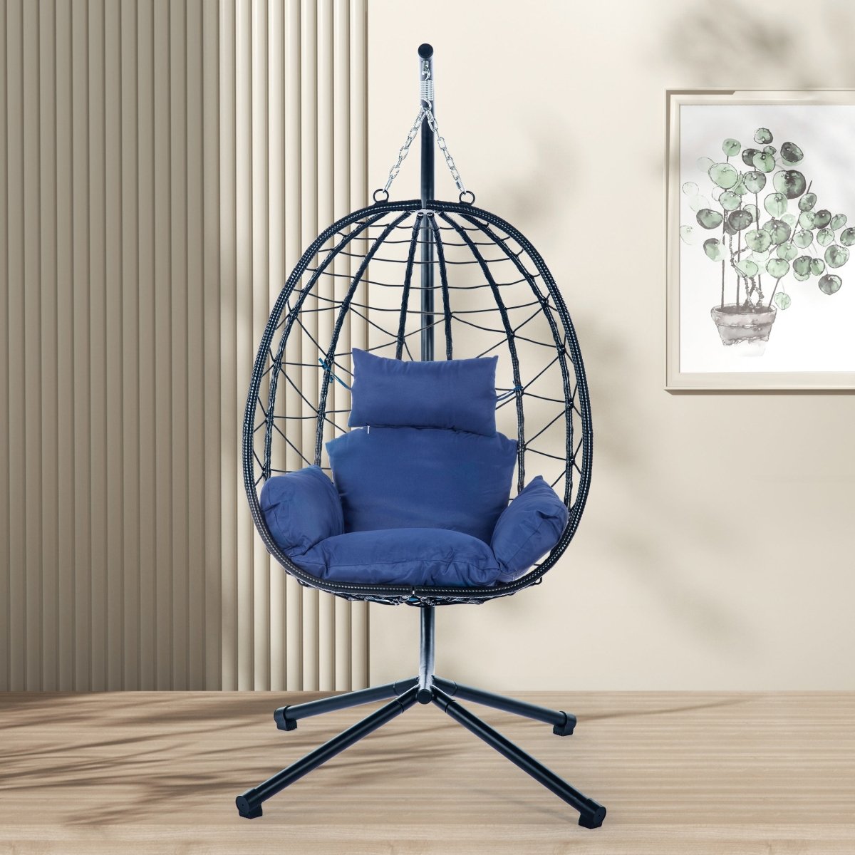 Egg Chair with Stand Indoor Outdoor Swing Chair Patio Wicker Hanging Egg Chair Hanging Basket Chair Hammock Chair with Stand for Bedroom Living Room Balcony Navy Blue - HomeDIYer