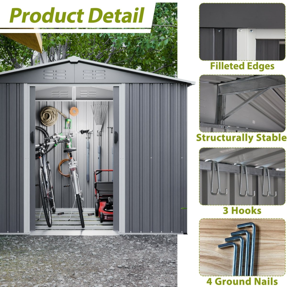 8x6 FT Outdoor Tool Storage Shed with Metal Foundation & Lockable Doors, All Weather Metal Sheds for Garden, Patio, Backyard, Lawn, Gray - HomeDIYer