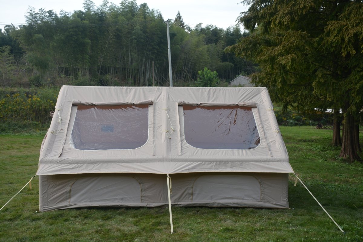 9.8 x13ft Inflatable Camping Tents with Hand Pump, Air Glamping Tents, Easy Setup Waterproof and Windproof Blow up Tent, 4 Seasons Oxford Cabin Tent with Mesh & Chimney Window. Beige - HomeDIYer