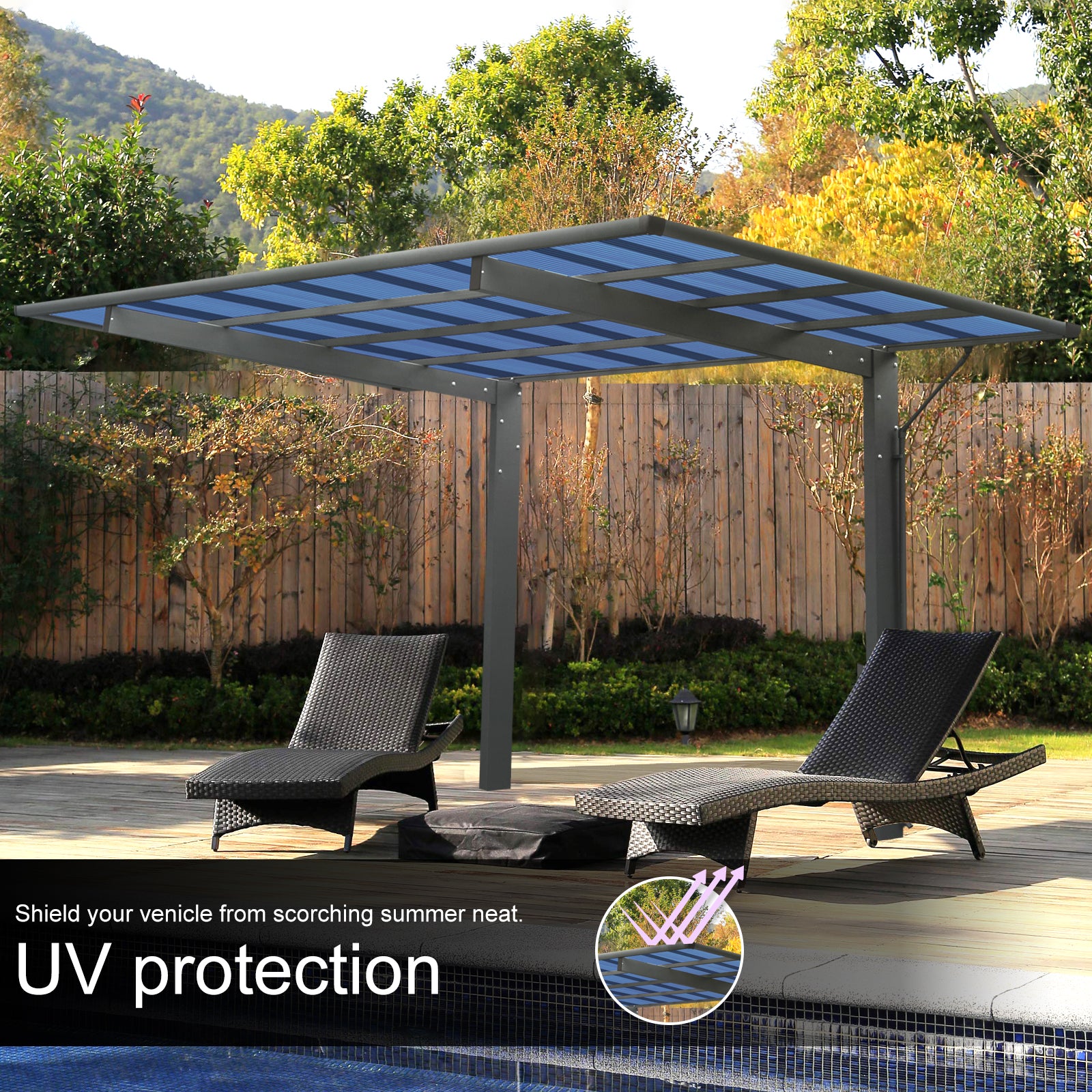 Outdoor Carport, 17.44FT*9FT*11FT Single Carport Aluminum Metal Frame and Polycarbonate Panels Car Port for Outdoor Driveway Car, Truck