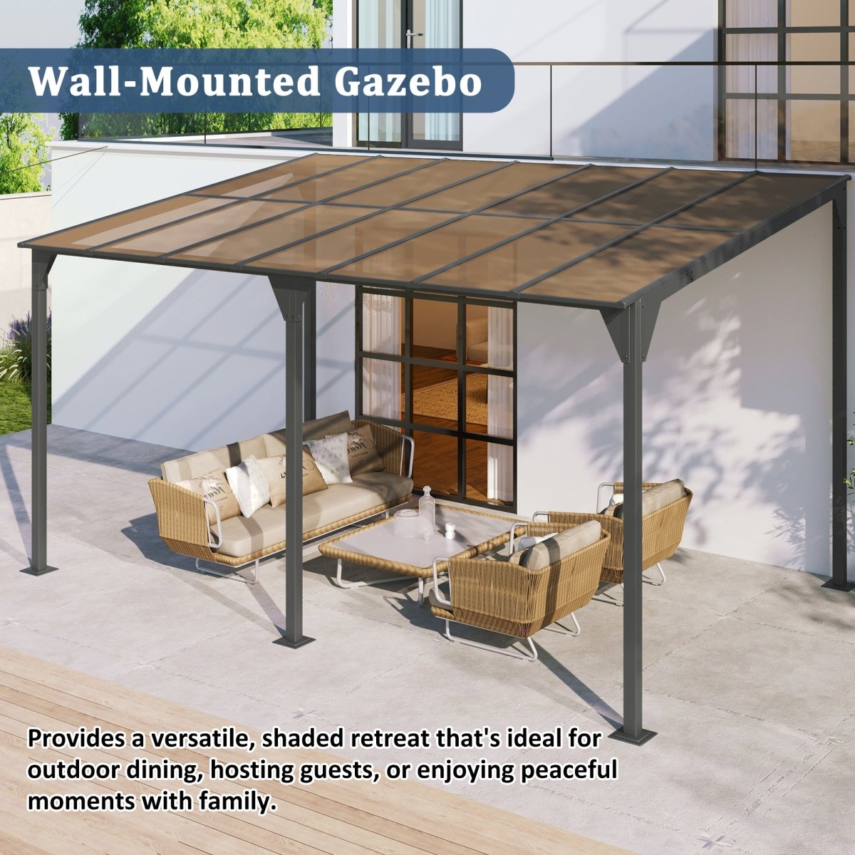 Wall - Mounted Gazebo 14.76*9.22 FT Patio Cover Lean - to Awning with Powder - Coated Iron Frame and with PC Roof Panels Outdoor Sloped Design Shelter for Deck, Garden, Backyard, Gray - HomeDIYer