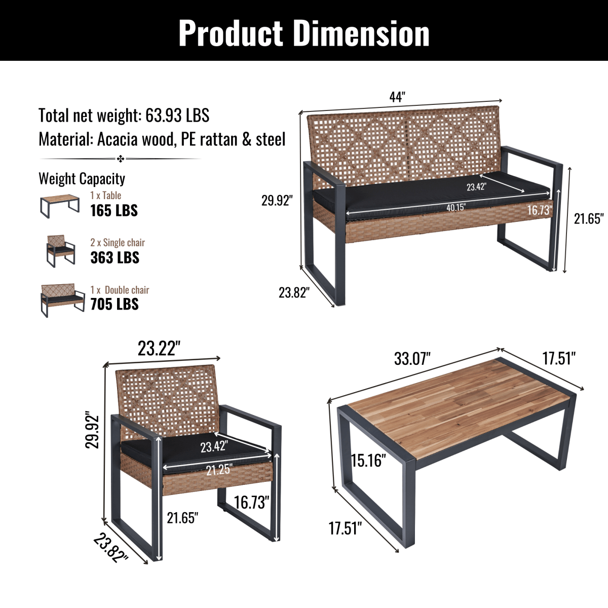 Patio Furniture Set 3 Piece Mixture Pattern PE Rattan Steel Frame And Modern Round Table, Brown and Black - HomeDIYer
