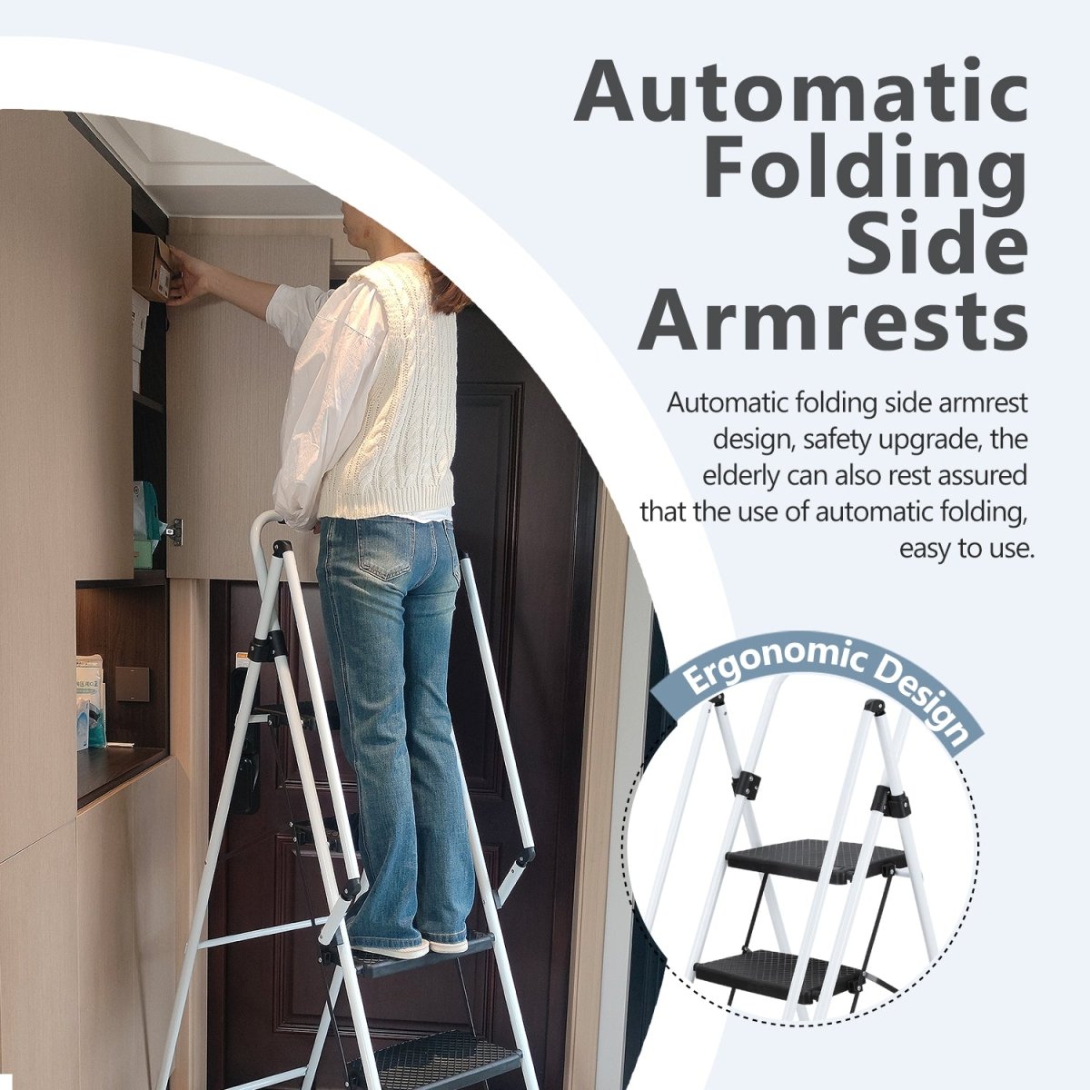 White four - step ladder, light folding four - step stool, wide anti - skid pedal and safety handle, strong steel ladder, multi - purpose ladder, applicable to family, kitchen, office elevator - HomeDIYer