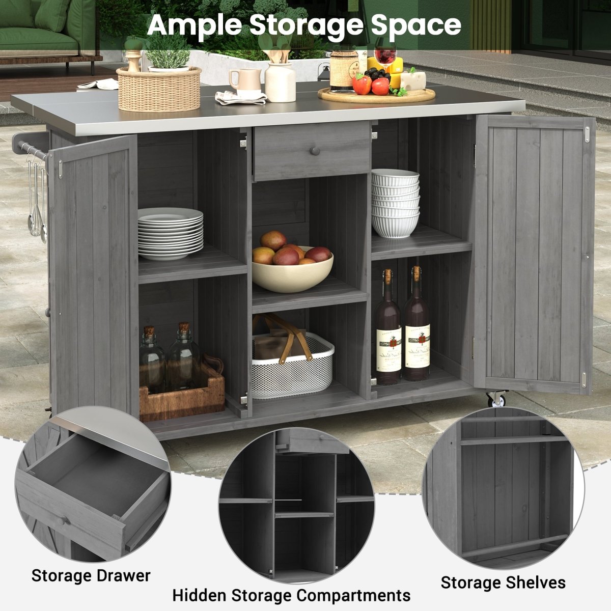 Grey Outdoor Kitchen Island with Stainless Steel Top | Foldable Fir Wood Prep Station - HomeDIYer