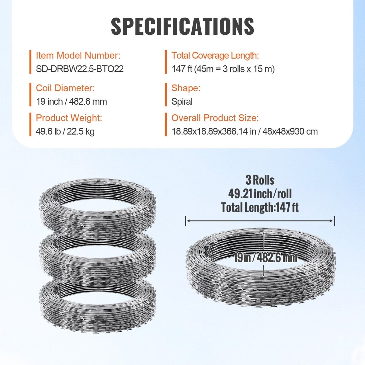 VEVOR Razor Wires, 147 ft Razor Barbed Wire, 3 Rolls Razor Wire Fencing Razor Fence, Double Spiral Razor Ribbon Barbed Wire Galvanized Razor Wire Fence, Rolls Razor for Garden - HomeDIYer