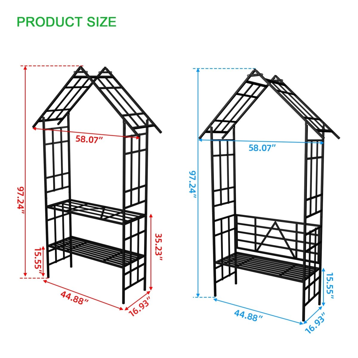Metal Garden Arch with Bench Turned into Flower Stand W58.07*H97.24 Climbing Plants Support Rose Arch Outdoor Black - HomeDIYer