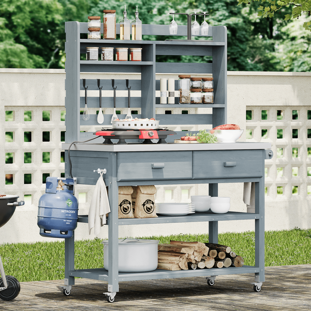 64.9"H Outdoor Potting Bench Table with Lockable Wheels, Solid Wood Outdoor Kitchen Island with Upper Hutch, Stainless Steel Top, Towel Rack ,Outdoor Storage for Grilling, Lawn Garden - Grey Blue - HomeDIYer