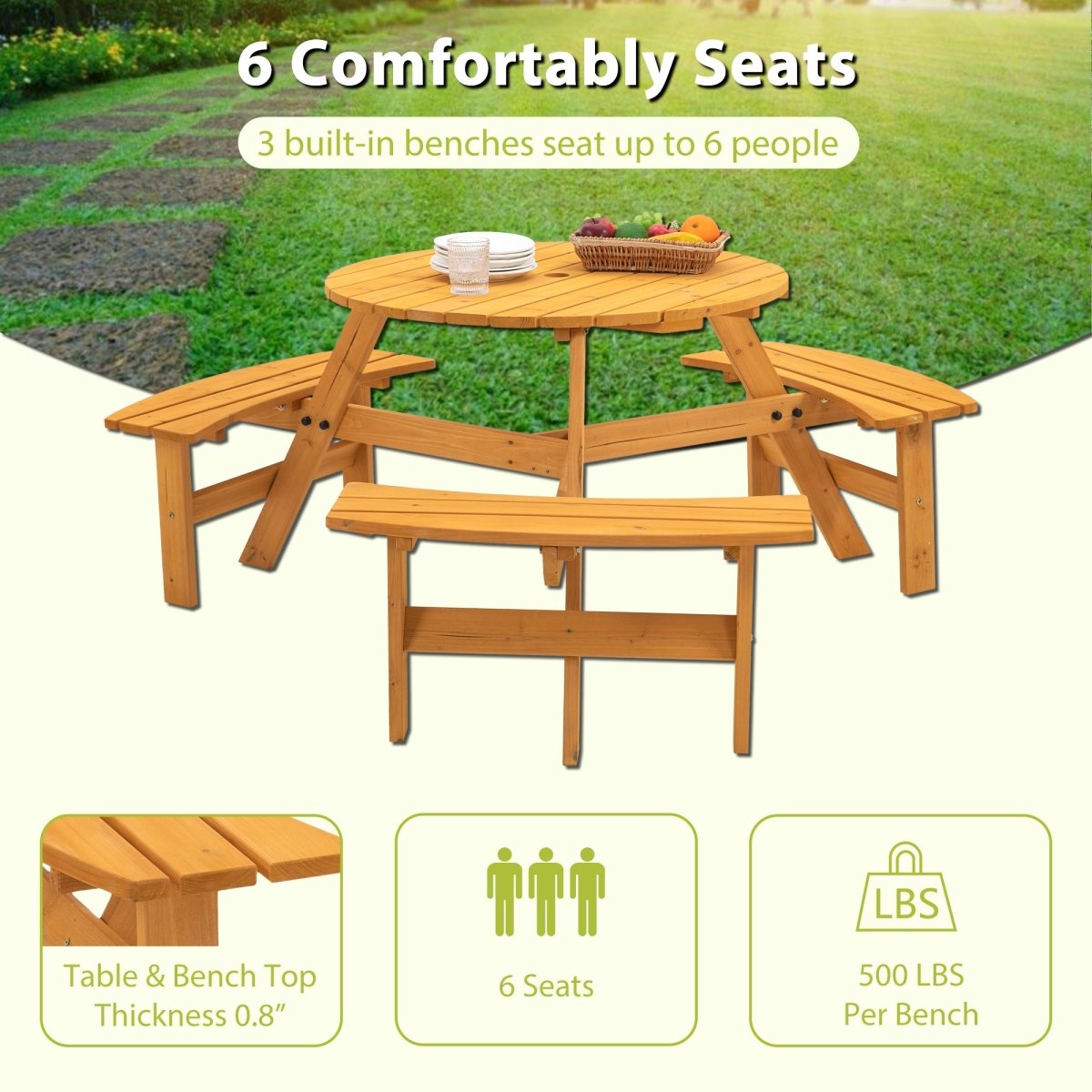 6 - Person Circular Outdoor Wooden Picnic Table for Patio, Backyard, Garden, DIY w/ 3 Built - in Benches, 1720lb Capacity - Natural - HomeDIYer