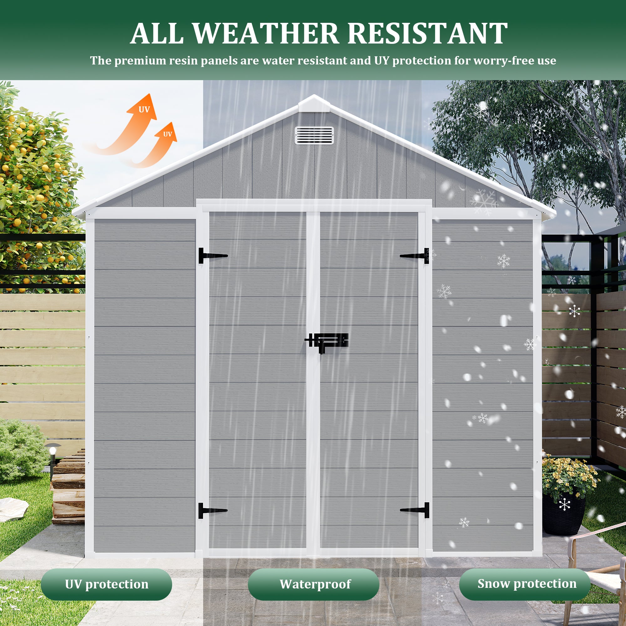 8*10 ft Resin Storage Shed, High Quality Pp Material, Strong Structure, Waterproof, Rust And Uv Proof, Large Storage Space, 12mm Thick Pp Board, Hd Window Lighting